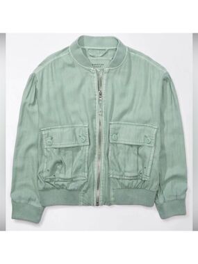American Eagle-Linen-Blend Cropped Bomber Jacket-Size Small-Moss Grey